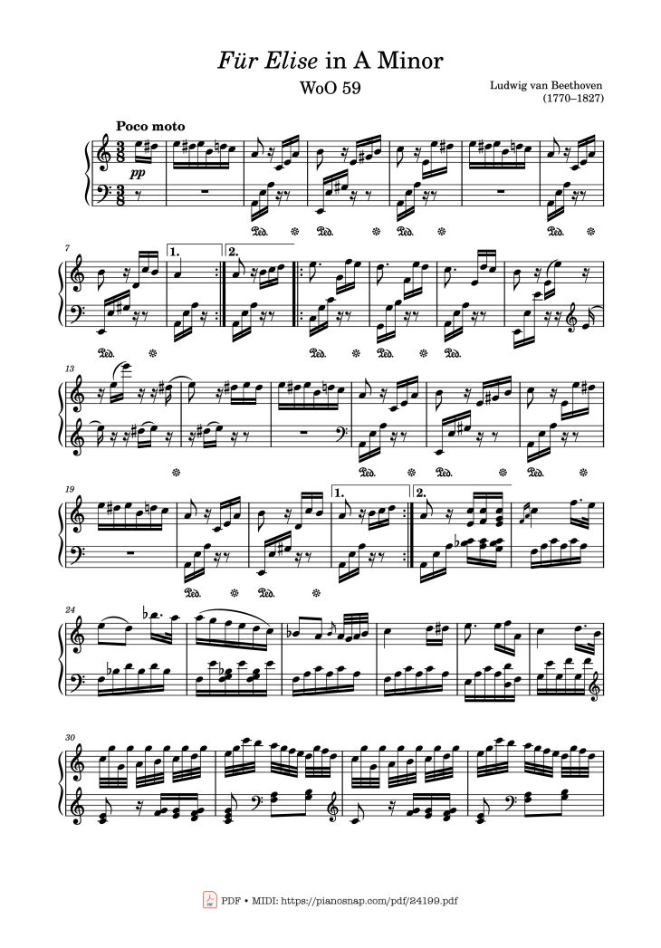 Page 1 of the piano sheet music PDF – Für Elise in A Minor Sheet Piano by Ludwig van Beethoven