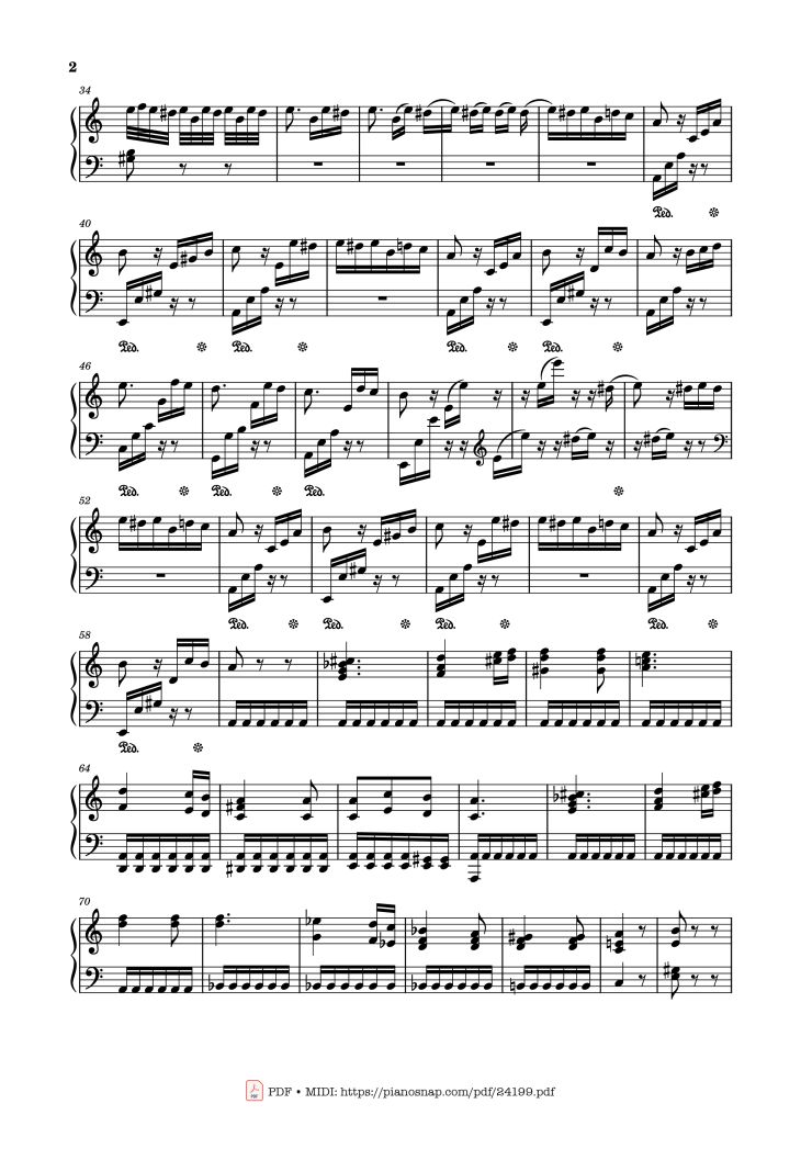 Page 2 of the piano sheet music PDF – Für Elise in A Minor Sheet Piano by Ludwig van Beethoven