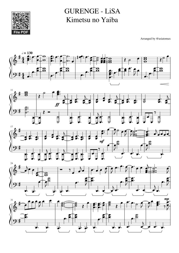 Page 1 of the piano sheet music PDF – Gurenge - LiSA (Kimetsu no Yaiba/Demon Slayer Opening) Sheet Piano by Asiatomax