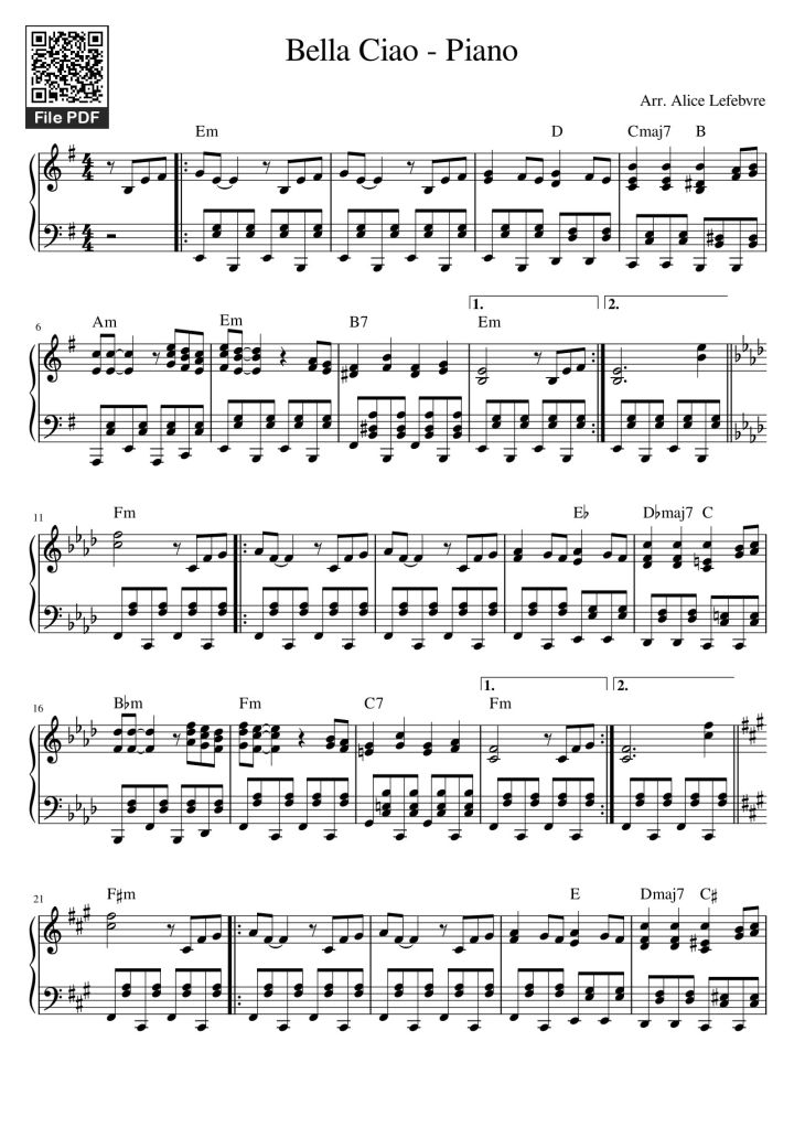 Page 1 of the piano sheet music PDF – Bella Ciao - Piano by Oui Bonsoir C'est Moi