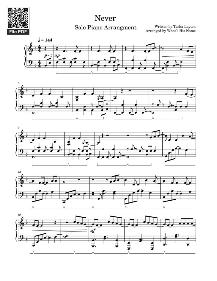 Page 1 of the piano sheet music PDF – Never – Tasha Layton (Solo Piano Arrangement) by Written by Tasha Layton