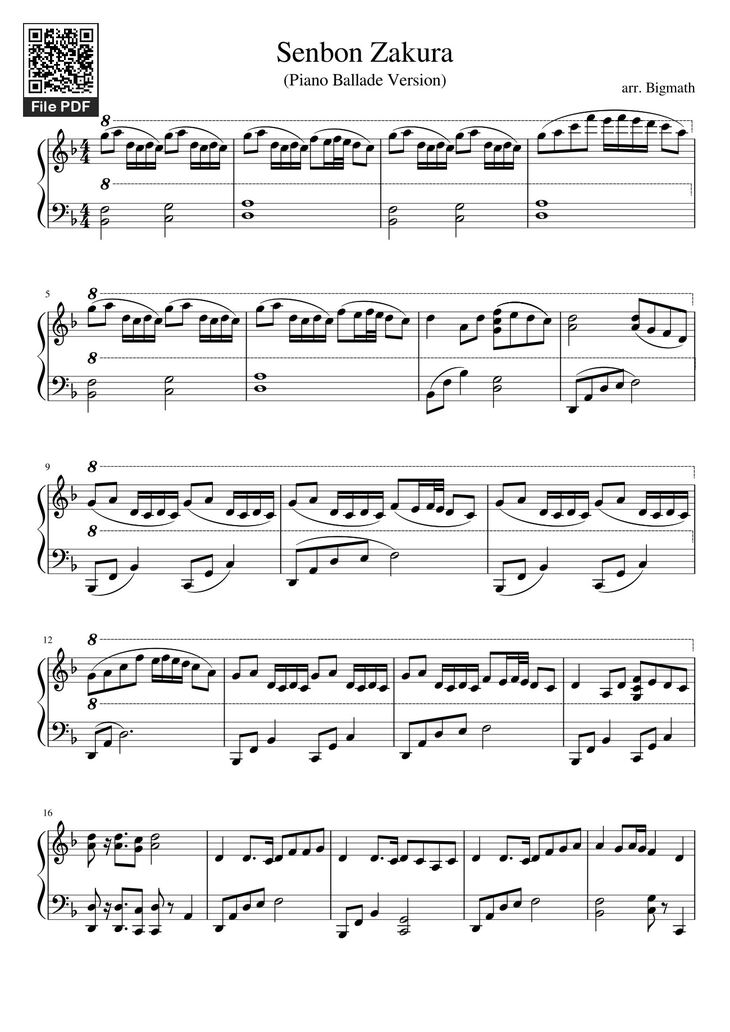 Page 1 of the piano sheet music PDF – Senbon Zakura Sheet Piano by Bigmath1