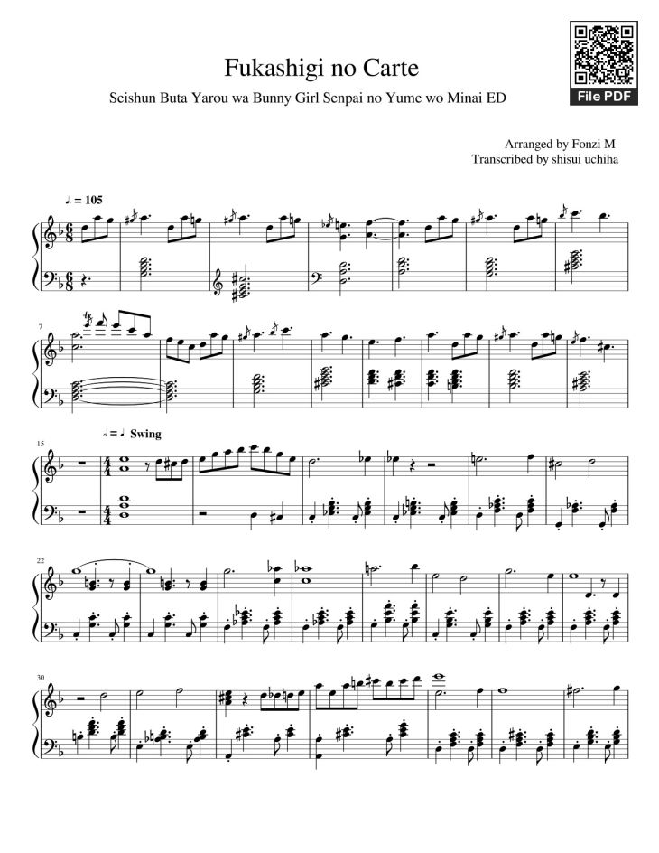 Page 1 of the piano sheet music PDF – Fukashigi no Carte Sheet Piano by Shisui