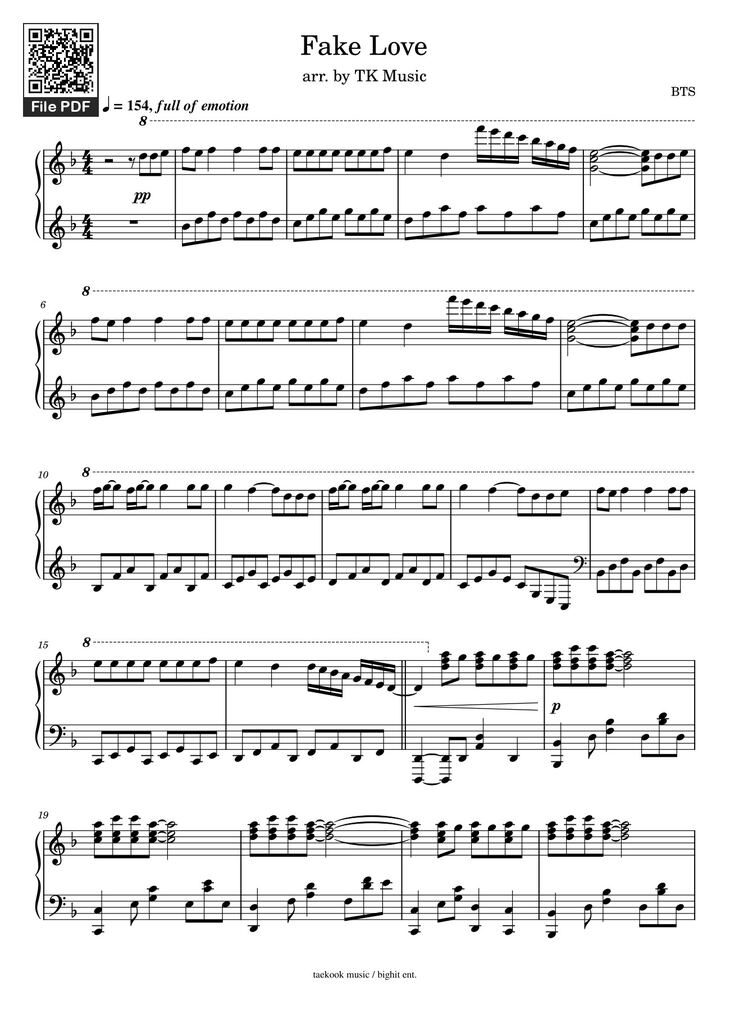 Page 1 of the piano sheet music PDF – Fake Love Sheet Piano by Taekook Music