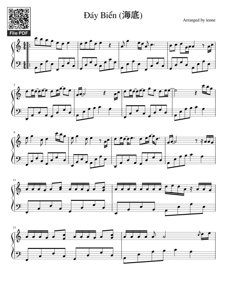 Page 1 of the piano sheet music PDF – Đáy Biển (海底) Sheet Piano by Arranged by ienne