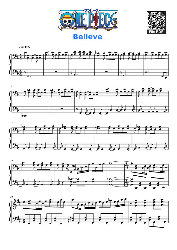 Page 1 of the piano sheet music PDF – One Piece - Opening 2 - Believe Sheet Piano by GuillermoVN3