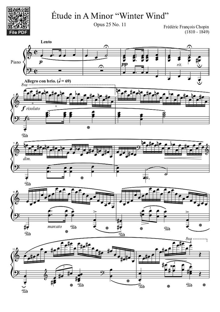 Page 1 of the piano sheet music PDF – Étude Opus 25 No. 11 in A Minor “Winter Wind” Sheet Piano by Frédéric François Chopin