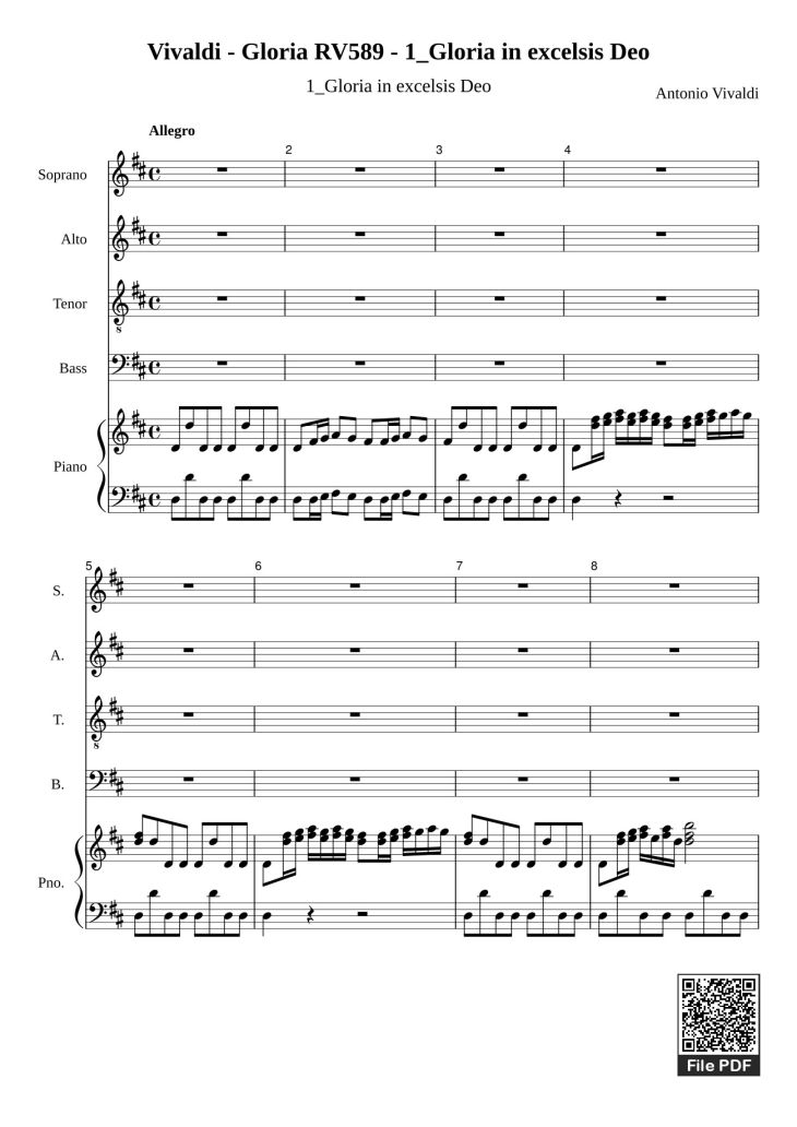 Page 1 of the piano sheet music PDF – Gloria in excelsis Deo (SATB) by Antonio Vivaldi