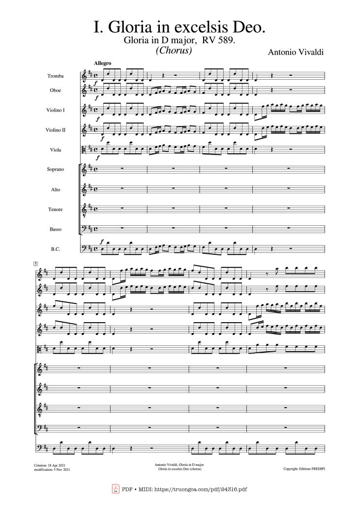 Page 1 of the piano sheet music PDF – Gloria in excelsis Deo (SATB Violin) by Antonio Vivaldi