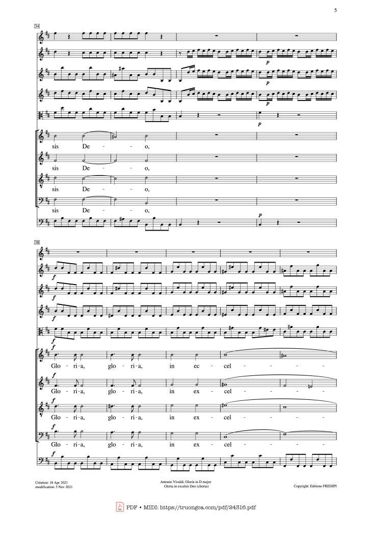 Page 5 of the piano sheet music PDF – Gloria in excelsis Deo (SATB Violin) by Antonio Vivaldi