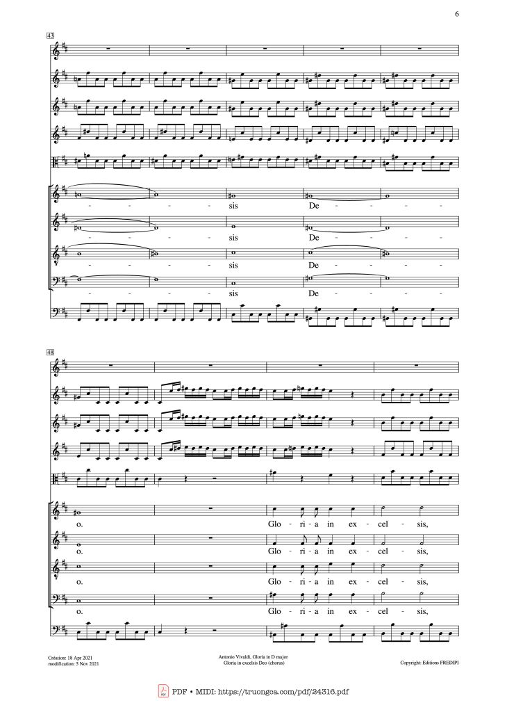Page 6 of the piano sheet music PDF – Gloria in excelsis Deo (SATB Violin) by Antonio Vivaldi