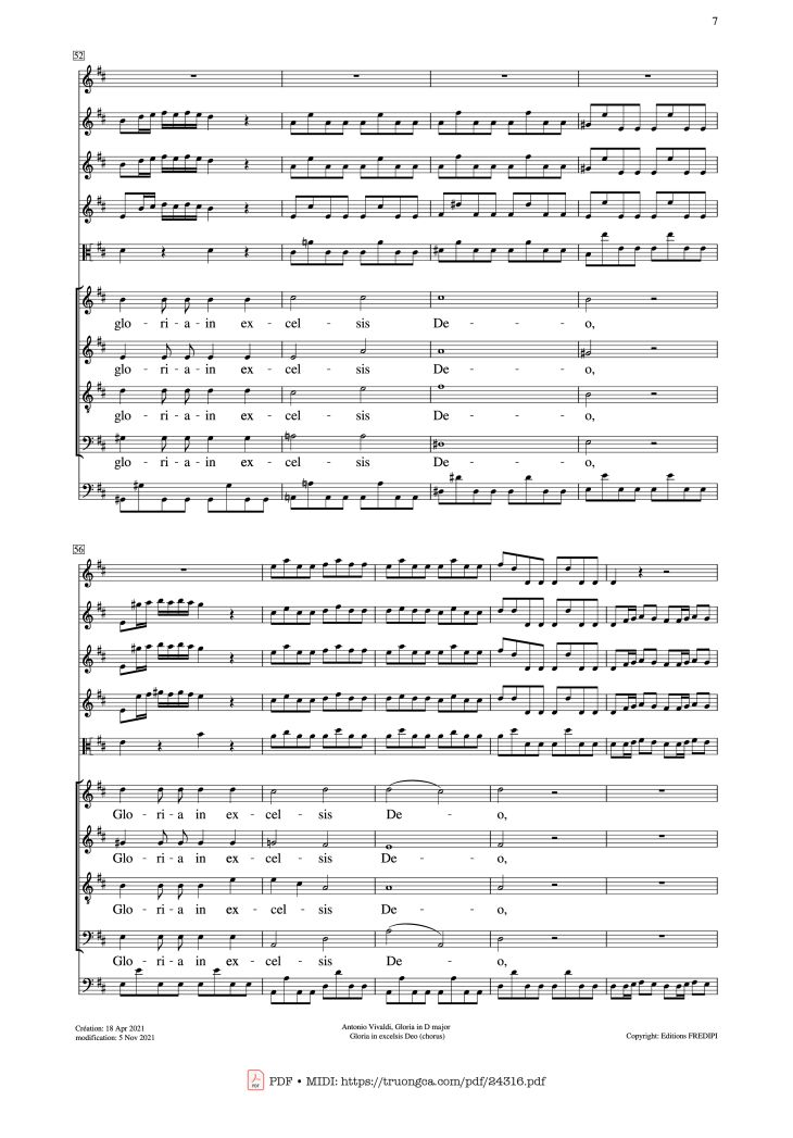 Page 7 of the piano sheet music PDF – Gloria in excelsis Deo (SATB Violin) by Antonio Vivaldi