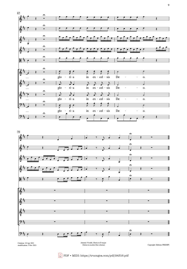 Page 9 of the piano sheet music PDF – Gloria in excelsis Deo (SATB Violin) by Antonio Vivaldi