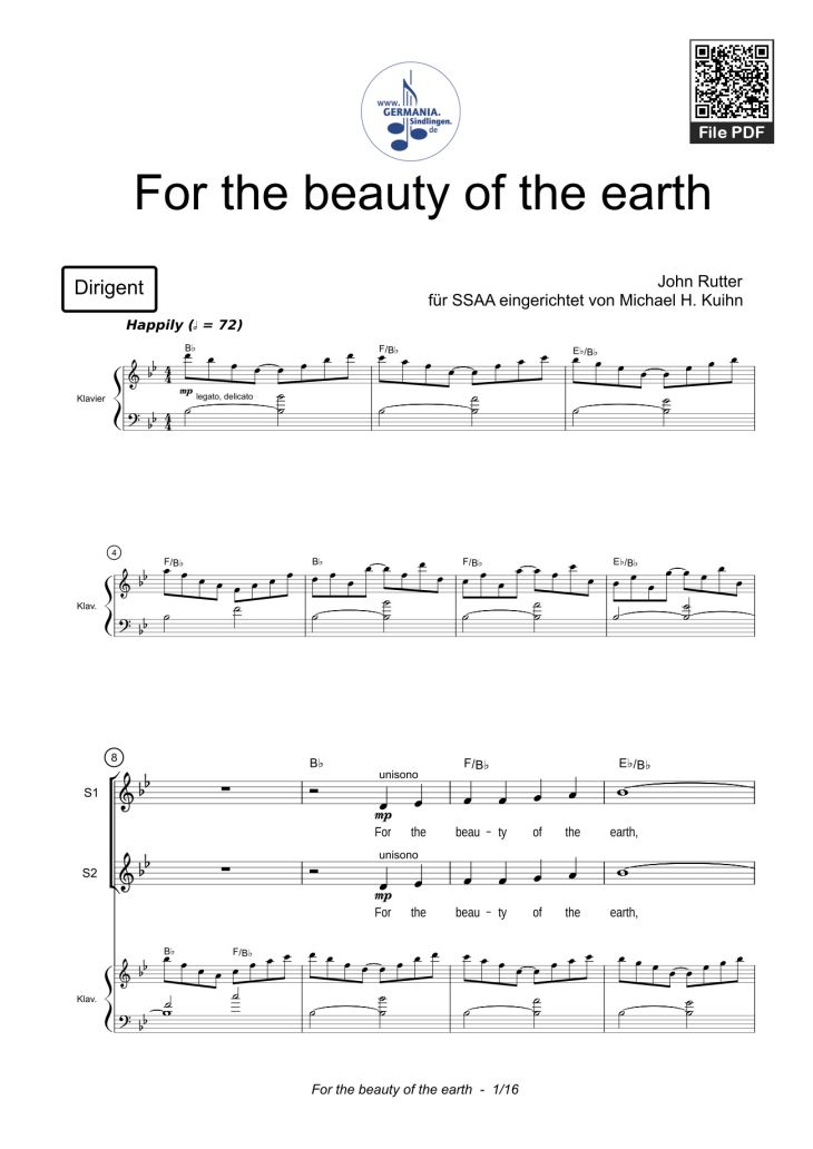 Page 1 of the piano sheet music PDF – For the beauty of the earth Sheet Piano by John Rutter