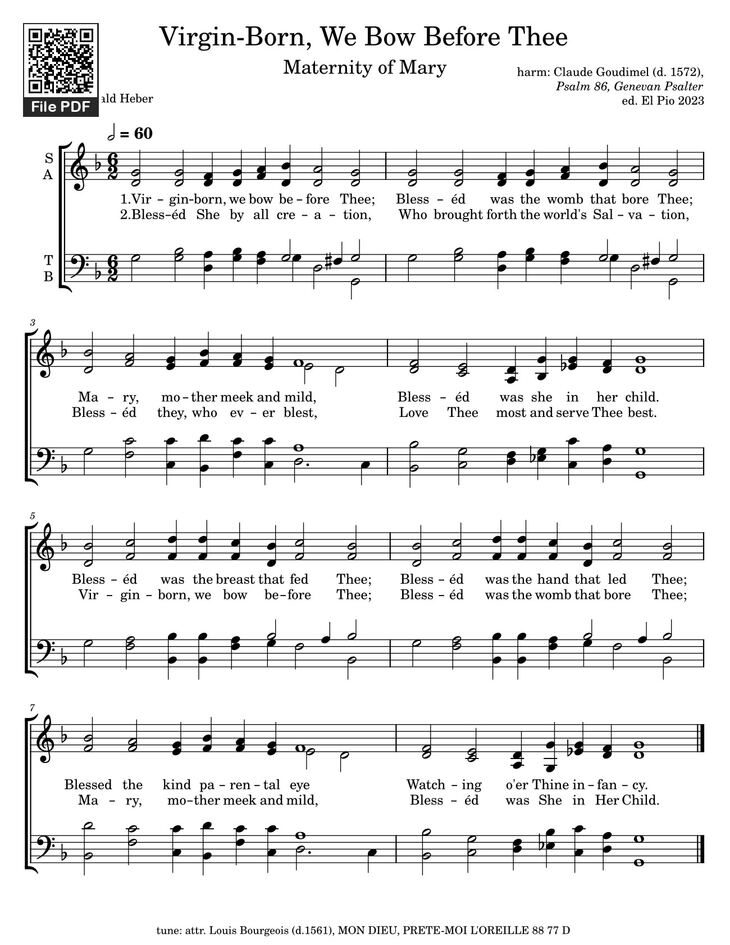 Page 1 of the piano sheet music PDF – Virgin-Born, We Bow Before Thee by Claude Goudimel (d. 1572),