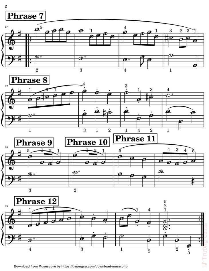 Page 2 of the piano sheet music PDF – Minuet in G Major Piano (note names, fingering) by Music Research