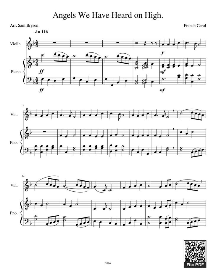 Page 1 of the piano sheet music PDF – Angels We Have Heard on High (Piano/Violin) by Sam Bryson