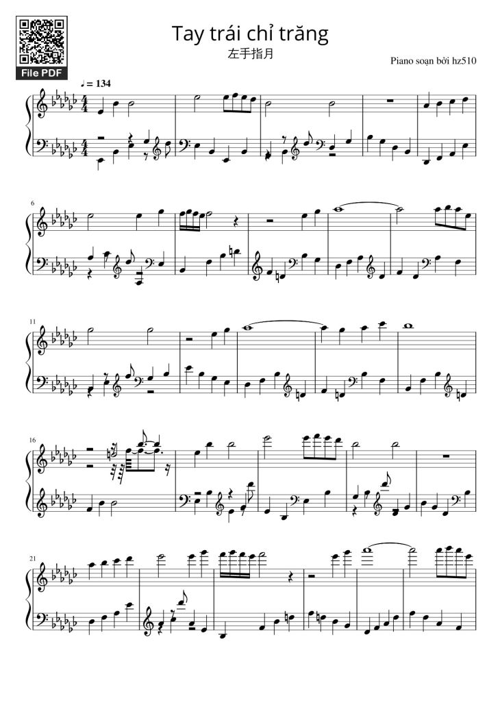 Page 1 of the piano sheet music PDF Piano – Tay trái chỉ trăng Sheet Piano by Maihao