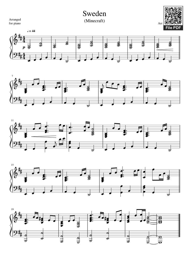 Page 1 of the piano sheet music PDF – Sweden (Minecraft) Sheet Piano by By C418