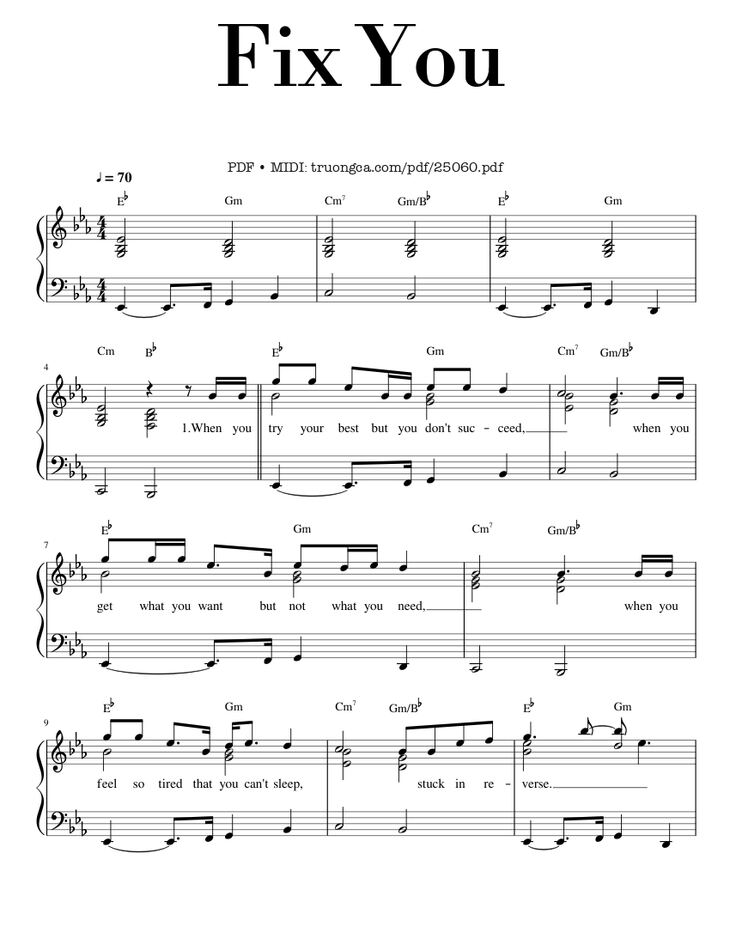 Page 1 of the piano sheet music PDF – Fix You Sheet Piano by Leon Montealegre