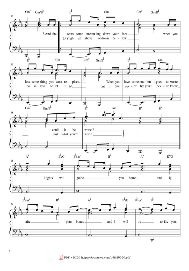 Page 2 of the piano sheet music PDF – Fix You Sheet Piano by Leon Montealegre