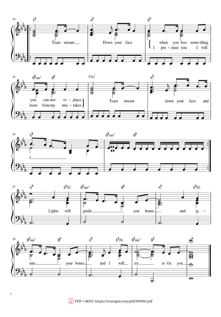 Page 4 of the piano sheet music PDF – Fix You Sheet Piano by Leon Montealegre