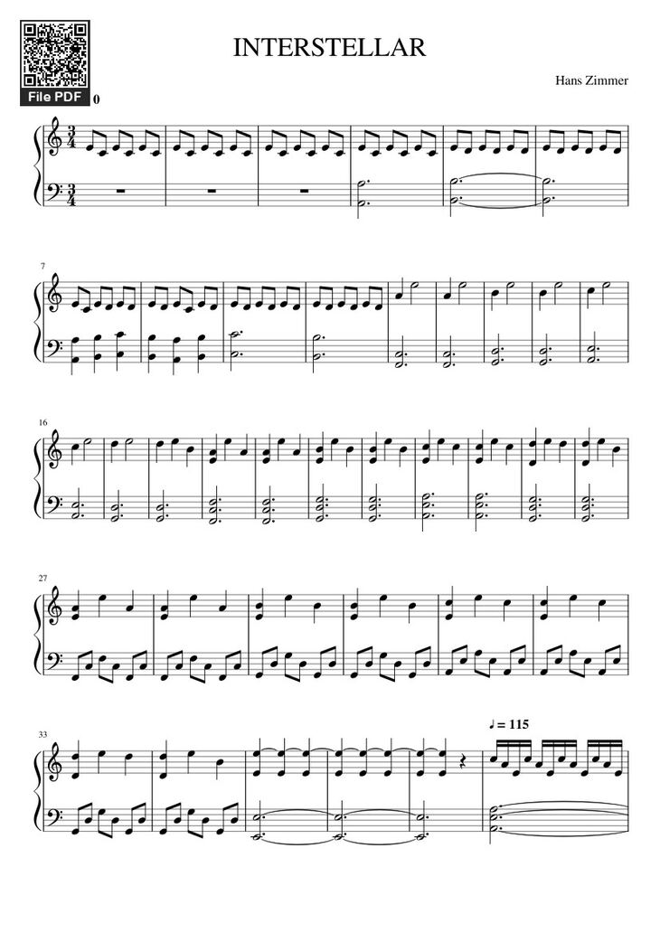 Page 1 of the piano sheet music PDF – First Step from Interstellar Sheet Piano by Jebusisimo