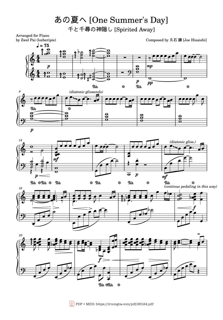 Page 1 of the piano sheet music PDF – Joe Hisaishi - One Summer