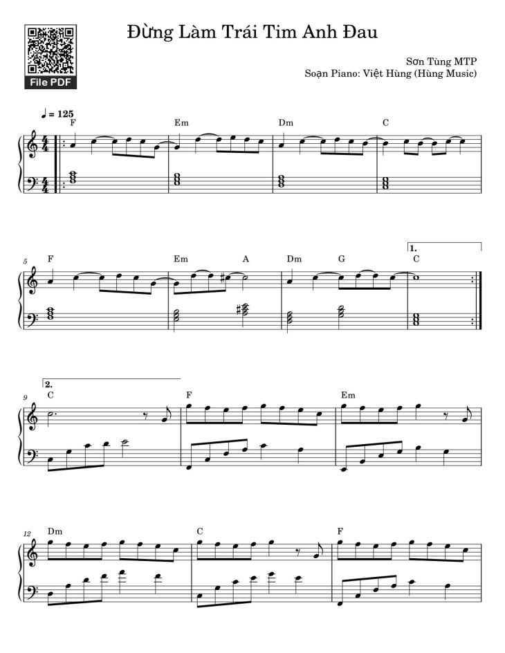 Page 1 of the piano sheet music PDF Piano – Đừng Làm Trái Tim Anh Đau Sheet Piano by Sơn Tùng MTP
