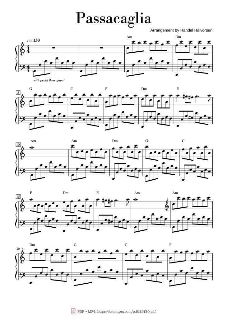 Page 1 of the piano sheet music PDF – Passacaglia by Arrangement by Handel Halvorsen