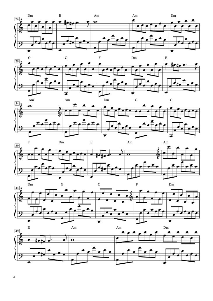 Page 2 of the piano sheet music PDF – Passacaglia by Arrangement by Handel Halvorsen