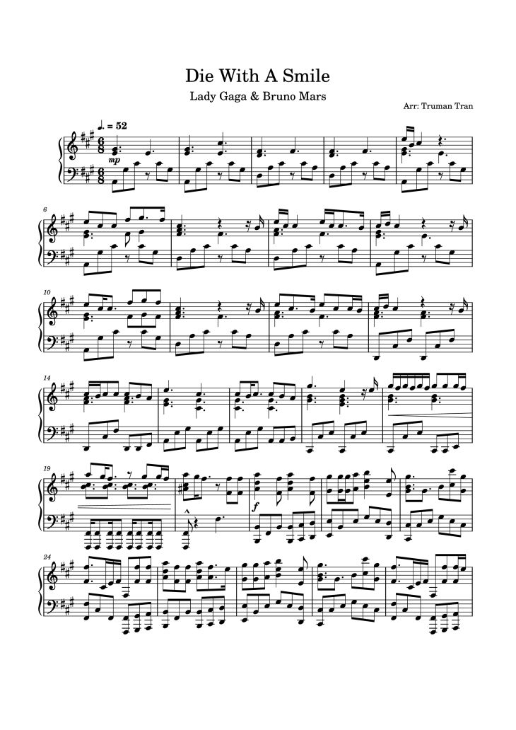Page 1 of the piano sheet music PDF – Die With A Smile Sheet Piano by Truman3450