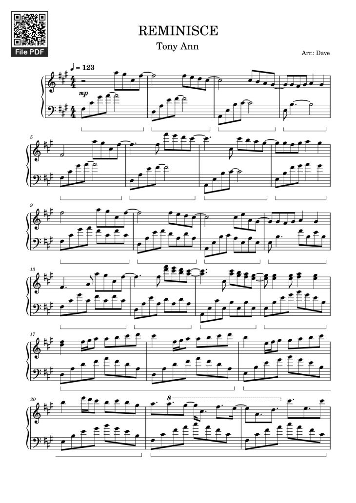 Page 1 of the piano sheet music PDF – Reminisce Sheet Piano by Tony Ann