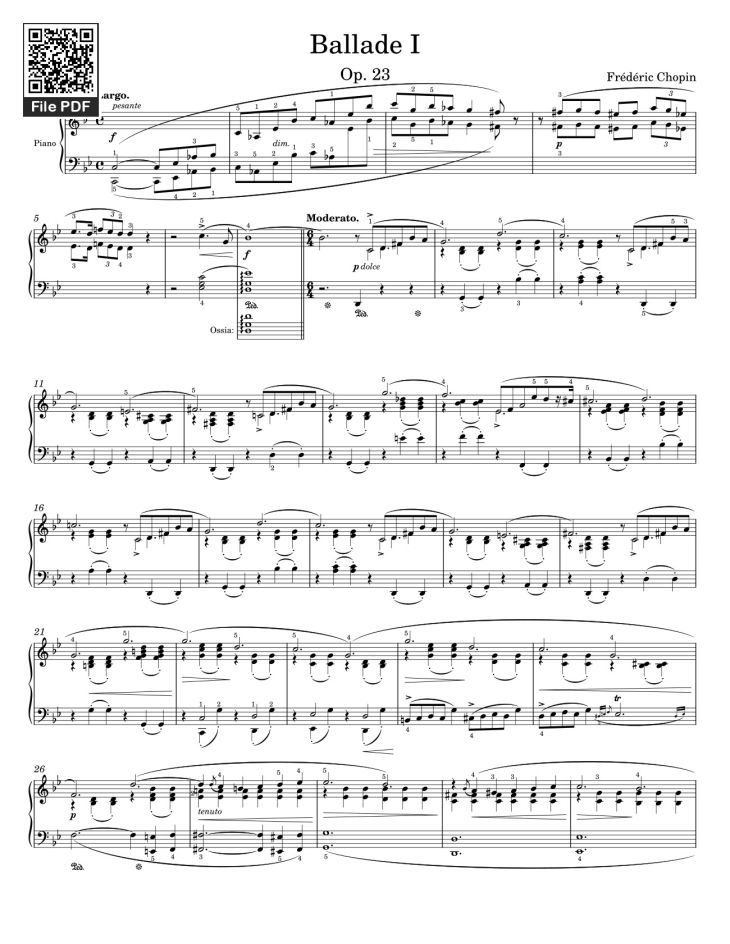 Page 1 of the piano sheet music PDF – Ballade No I by Chopin