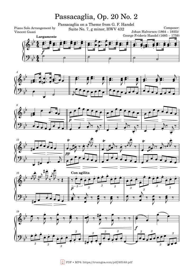 Page 1 of the piano sheet music PDF – Passacaglia, Op. 20 No. 2 by Johan Halvorsen