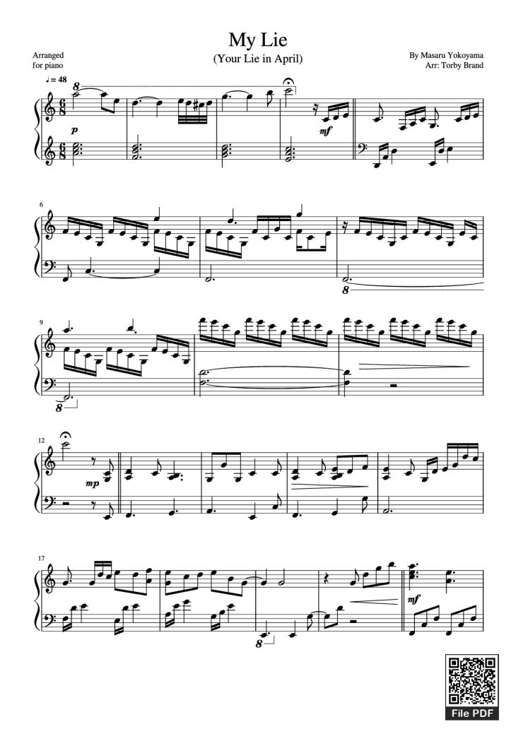 Page 1 of the piano sheet music PDF – My Lie Sheet Piano by Masaru Yokoyama