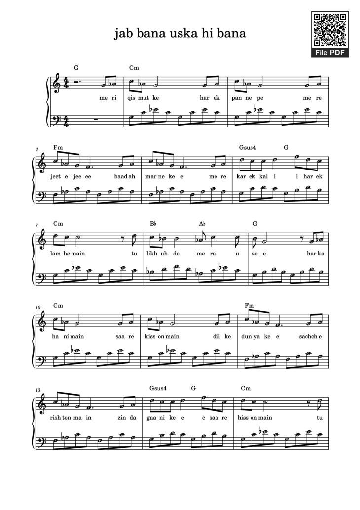 Page 1 of the piano sheet music PDF Piano – jab bana uska hi bana Sheet Piano by Arijit Singh