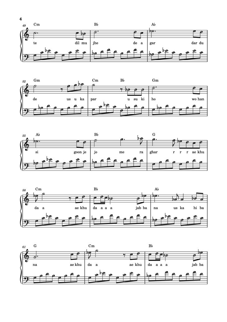 Page 4 of the piano sheet music PDF Piano – jab bana uska hi bana Sheet Piano by Arijit Singh