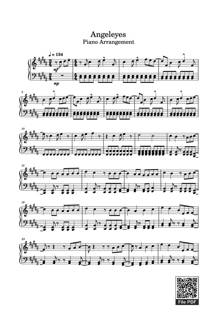 Page 1 of the piano sheet music PDF Piano – Angeleyes Sheet Piano by ABBA