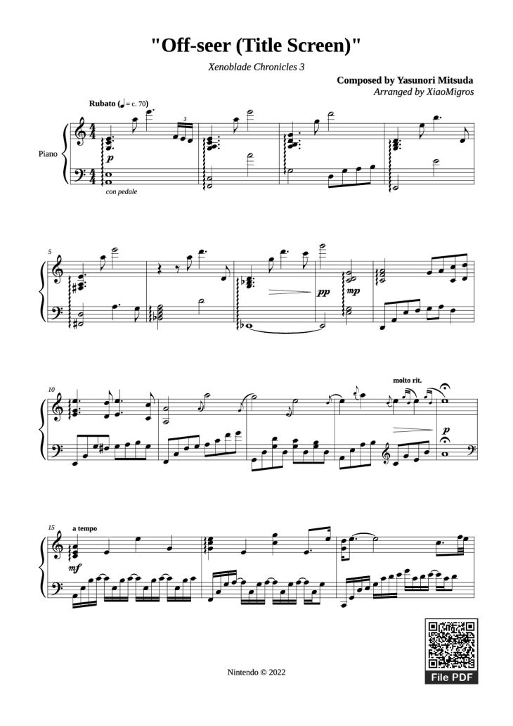 Page 1 of the piano sheet music PDF Piano – Off-seer (Title Screen) Piano by Yasunori Mitsuda