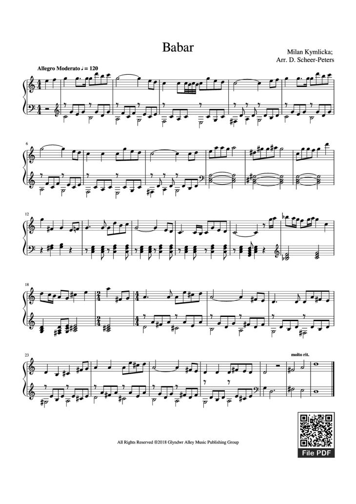 Page 1 of the piano sheet music PDF Piano – Babar Sheet Piano by Milan Kymlicka; Arr. D. Scheer-Peters