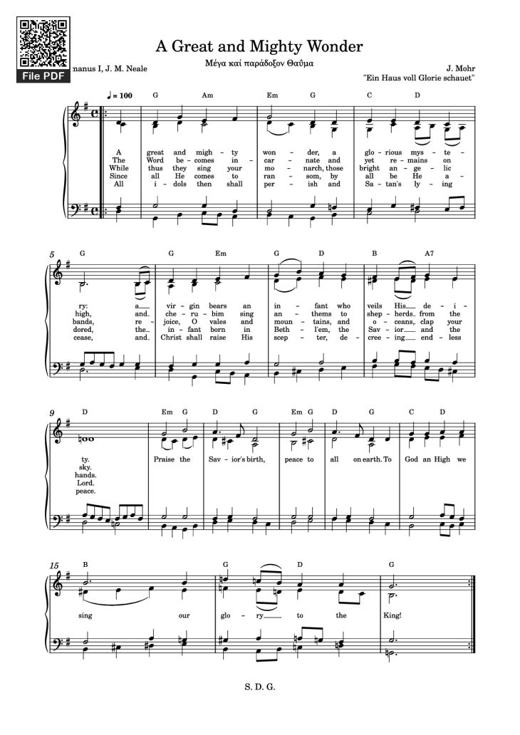 Page 1 of the piano sheet music PDF – A Great and Mighty Wonder Sheet Piano by J. Mohr