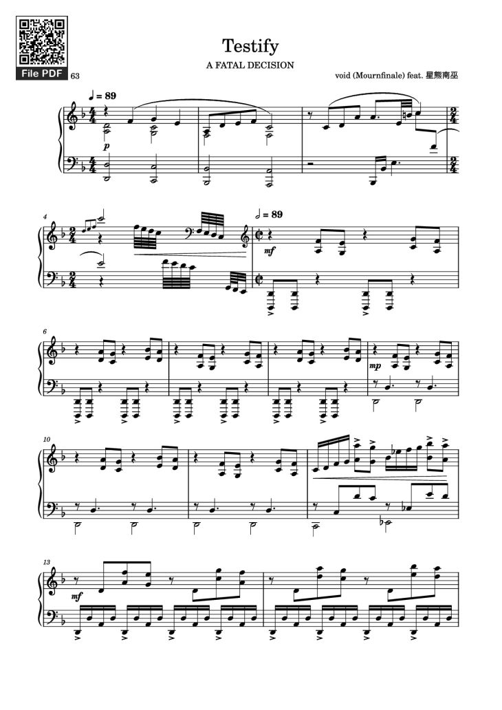 Page 1 of the piano sheet music PDF Piano – Testify Piano by Void (Mournfinale) feat. 星熊南巫