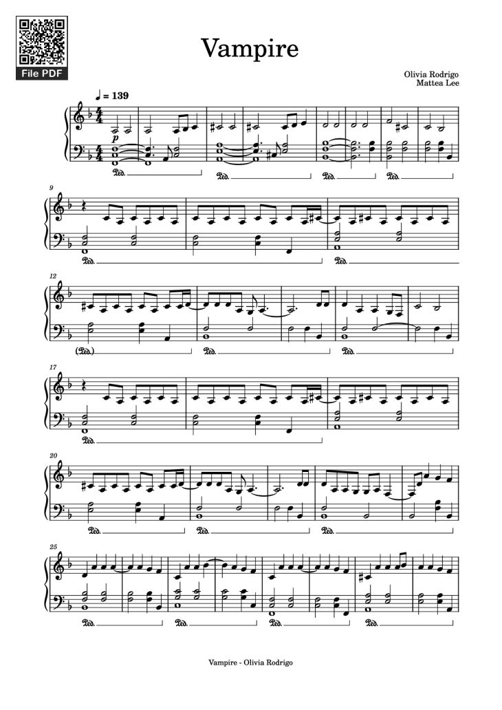 Page 1 of the piano sheet music PDF Piano – Vampire Piano by Olivia Rodrigo