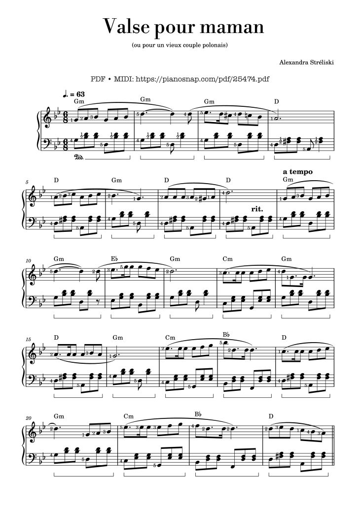 Page 1 of the piano sheet music PDF Piano – Valse pour maman (ou pour un vieux couple polonais) Piano by Alexandra Stréliski