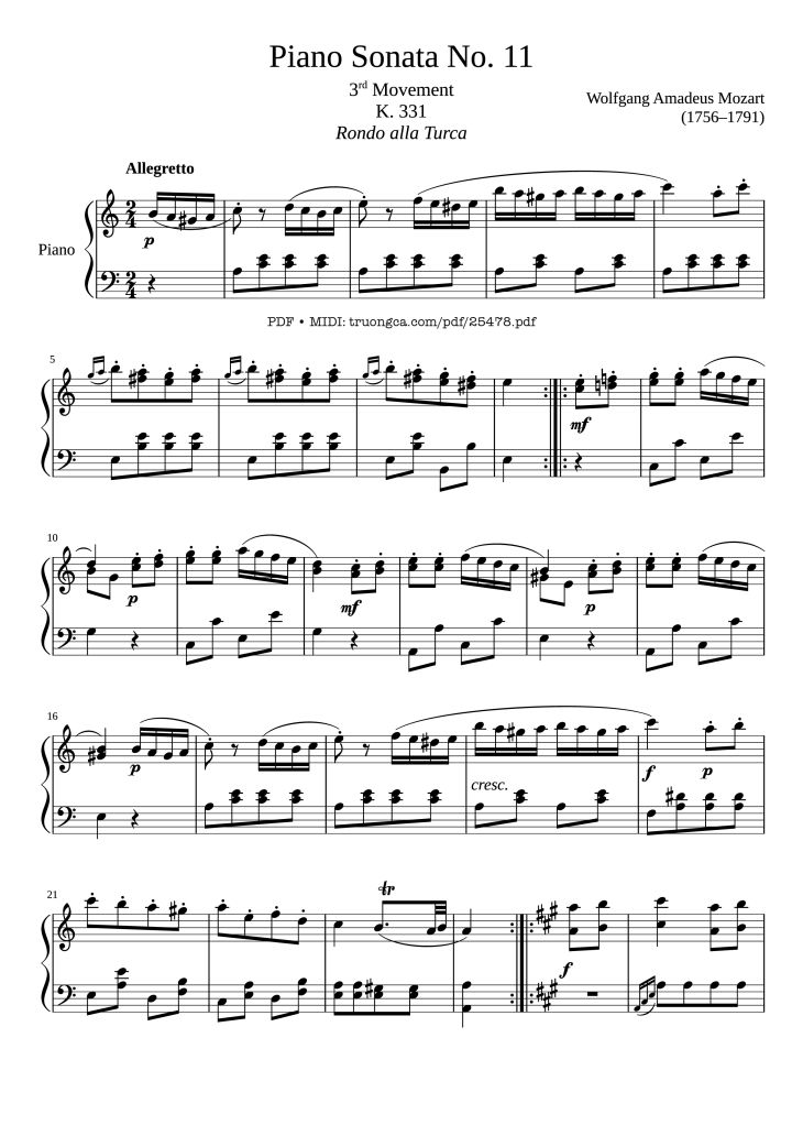 Page 1 of the piano sheet music PDF Piano – Sonata No. 11 by Wolfgang Amadeus Mozart (1756–1791