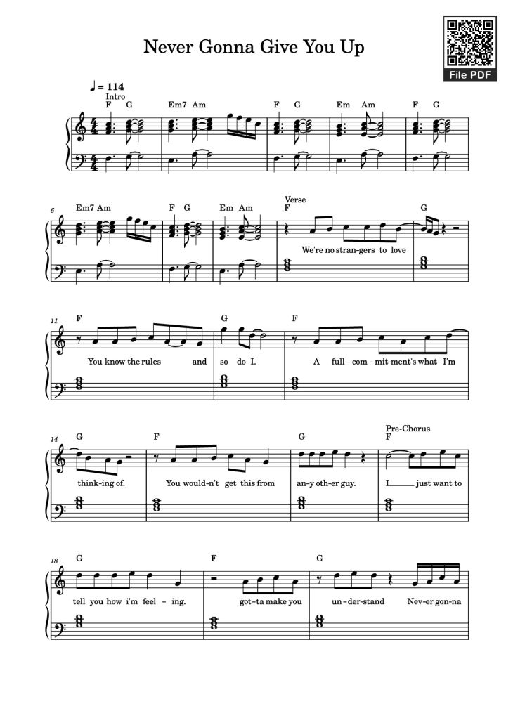 Page 1 of the piano sheet music PDF Piano – Never Gonna Give You Up Piano by Undefined
