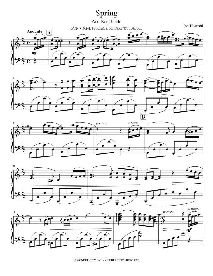 Page 1 of the piano sheet music PDF Piano – Spring Joe Hisaishi Piano by Joe Hisaishi