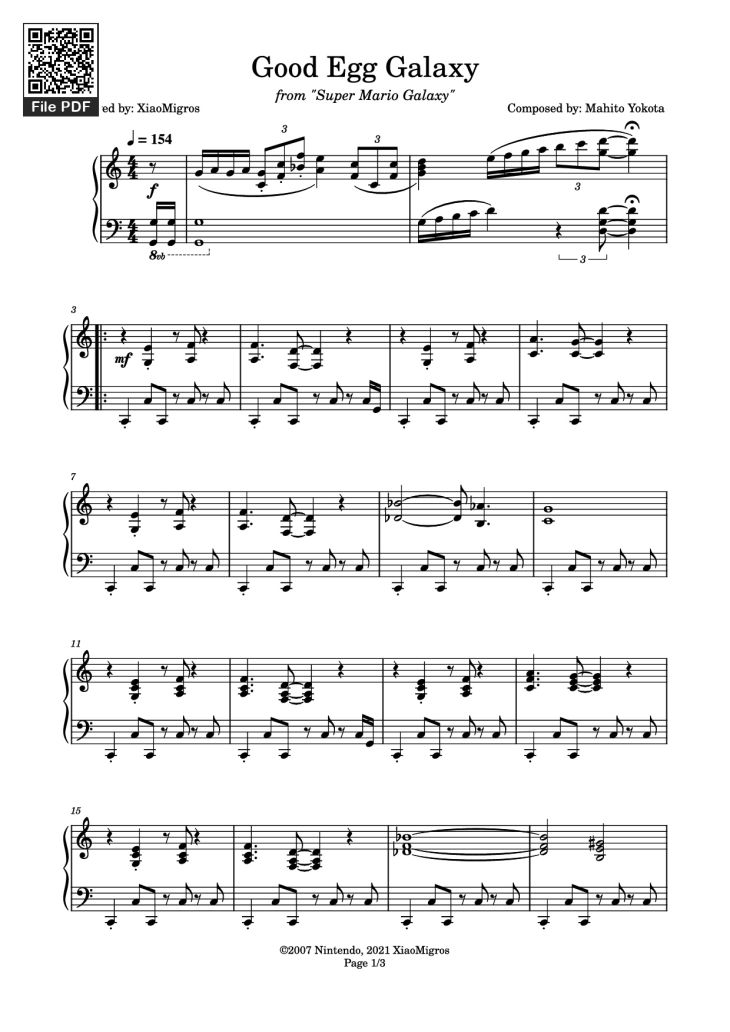 Page 1 of the piano sheet music PDF Piano – Good Egg Galaxy Piano by Composed by: Mahito Yokota
