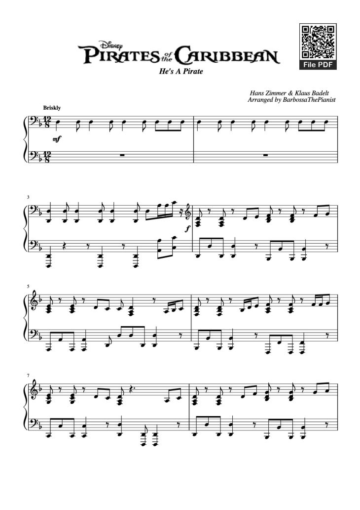 Page 1 of the piano sheet music PDF Piano – Pirates of the Caribbean Piano by Hans Zimmer & Klaus Badelt